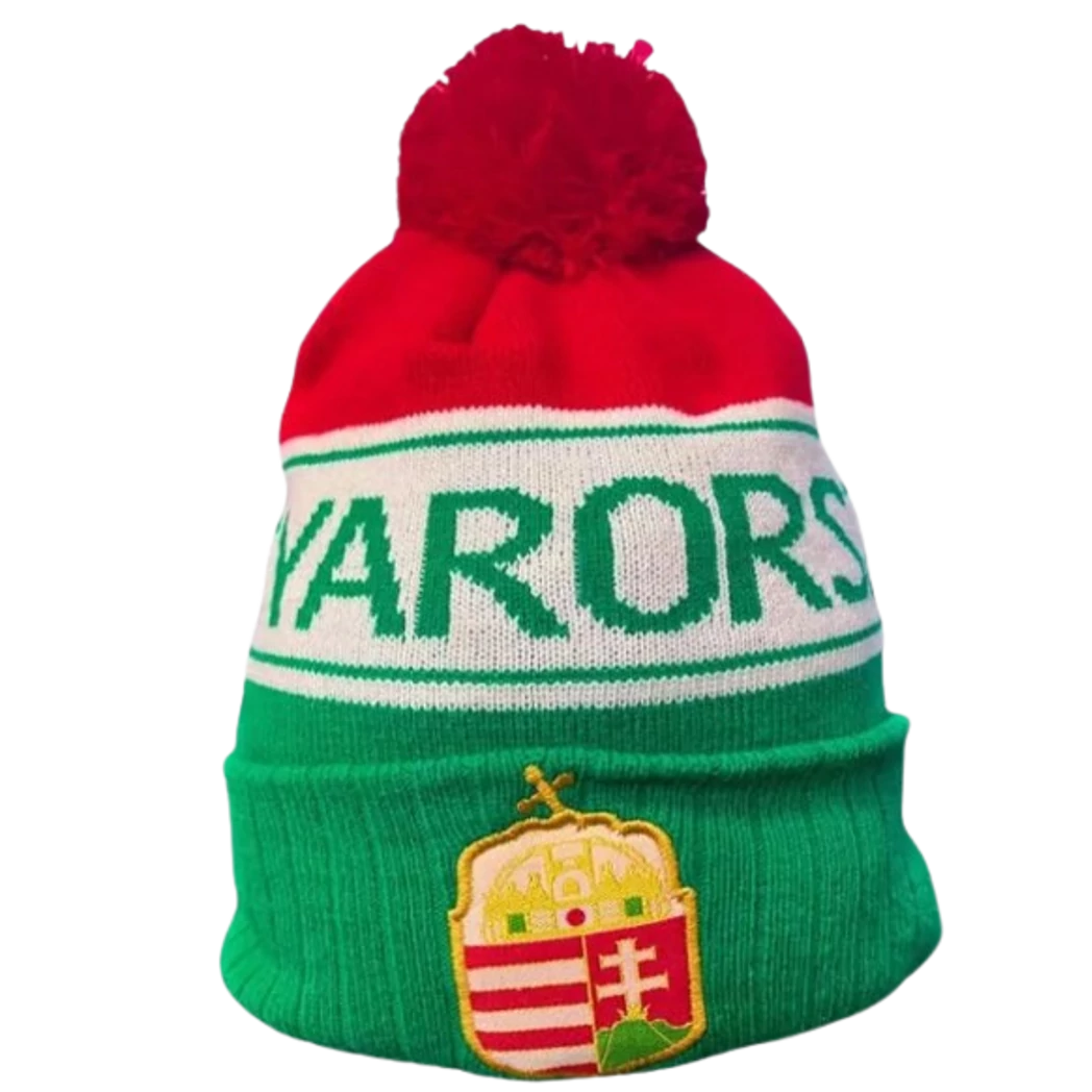 Kép 2/3 - MAGYARORSZÁG felnőtt címeres visszahajtós kötött sapka pomponos