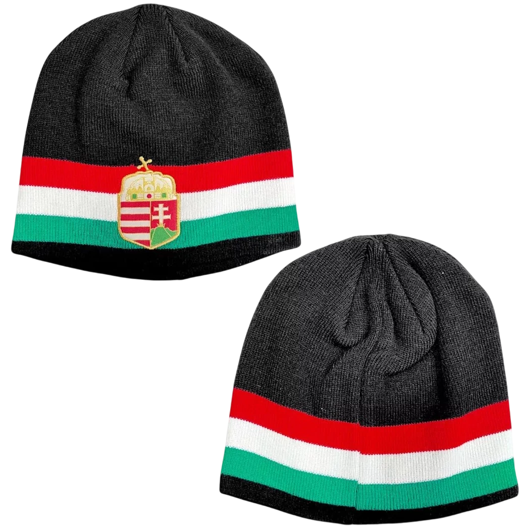 Kép 3/5 - MAGYARORSZÁG  gyerek kötött sapka fekete trikolor címeres